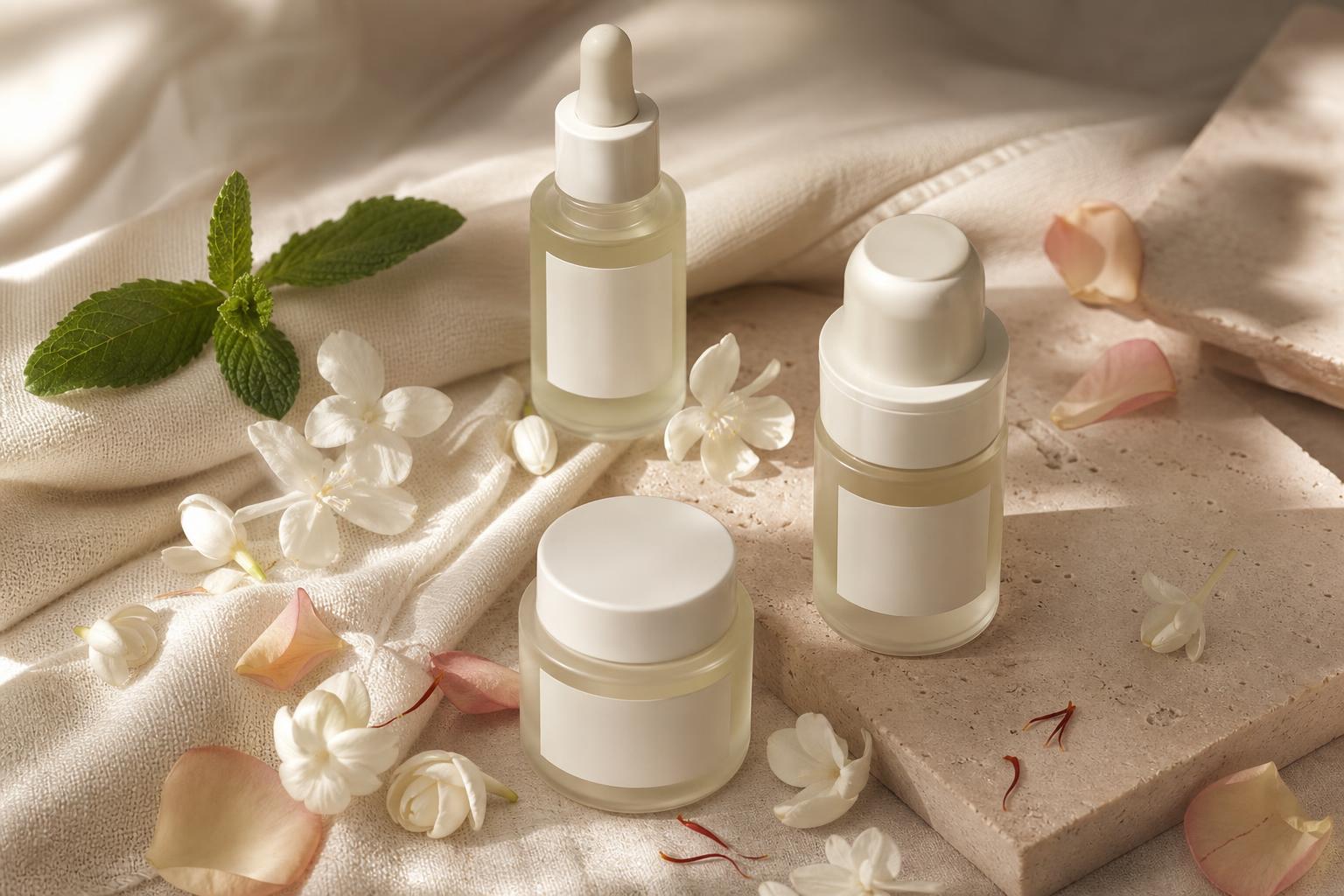 ATAEI botanical skincare on cream linen with rose and jasmine