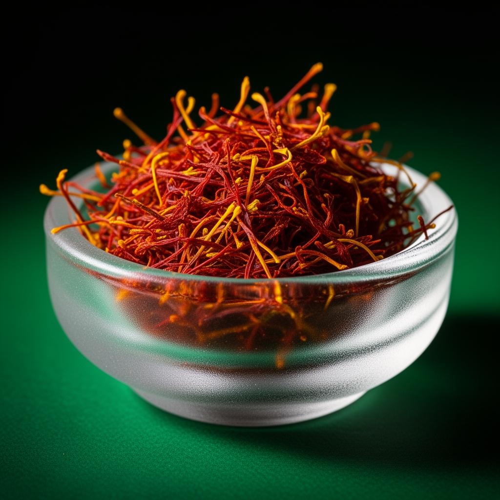 Saffron threads in a frosted glass dish