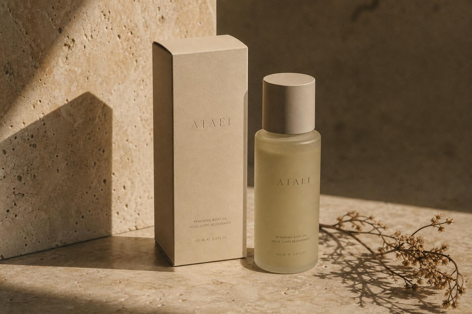 ATAEI outer packaging carton beside a frosted bottle