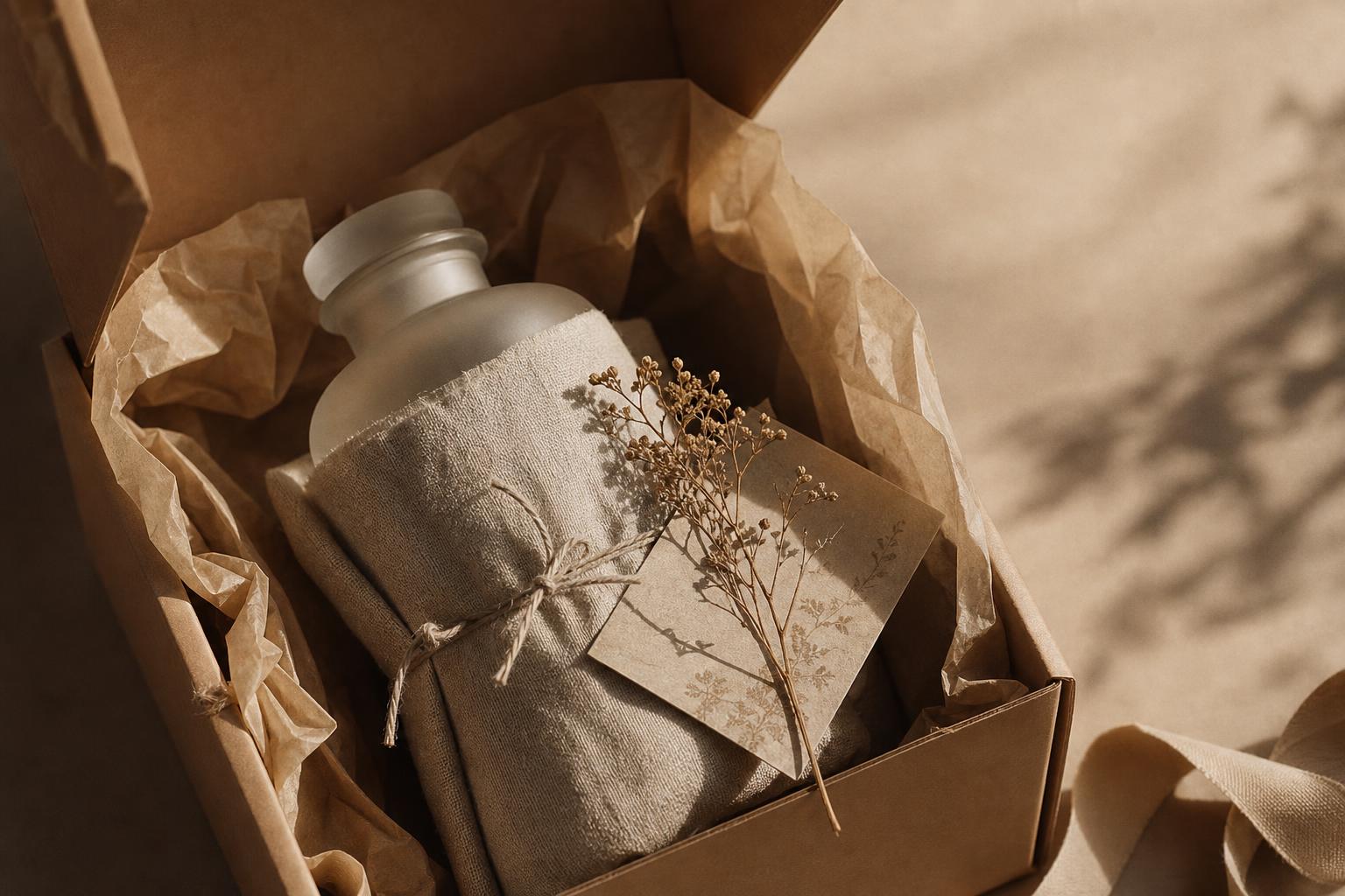 ATAEI PR shipping presentation with linen and dried botanicals